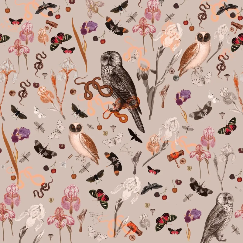 Tapeta botaniczna vintage mural Pink Owls.webp
