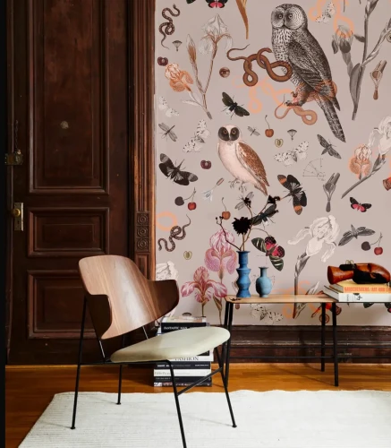 Tapeta z sowami do salonu Pink Owls.webp