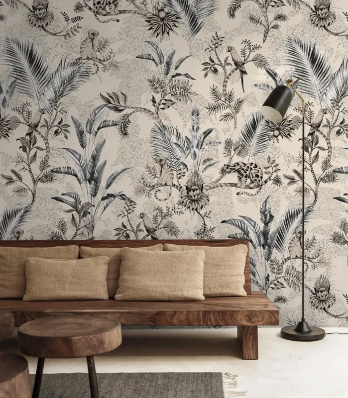 Tapeta Jungle Team Beige w salonie.webp