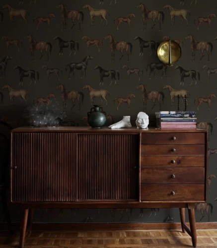 Zielona tapeta do salonu Horses olive.webp