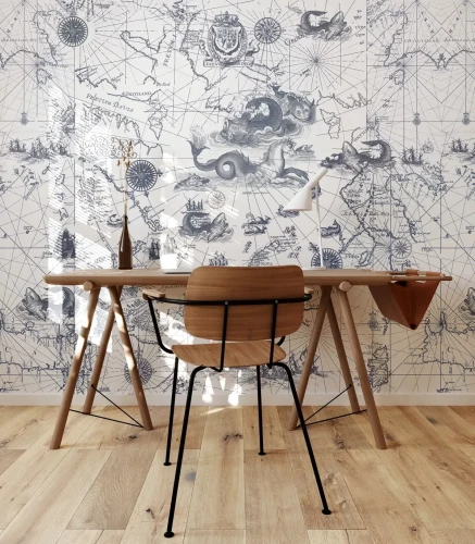 Drewniane biurko z krzesłem na tle tapety Ocean Map.webp