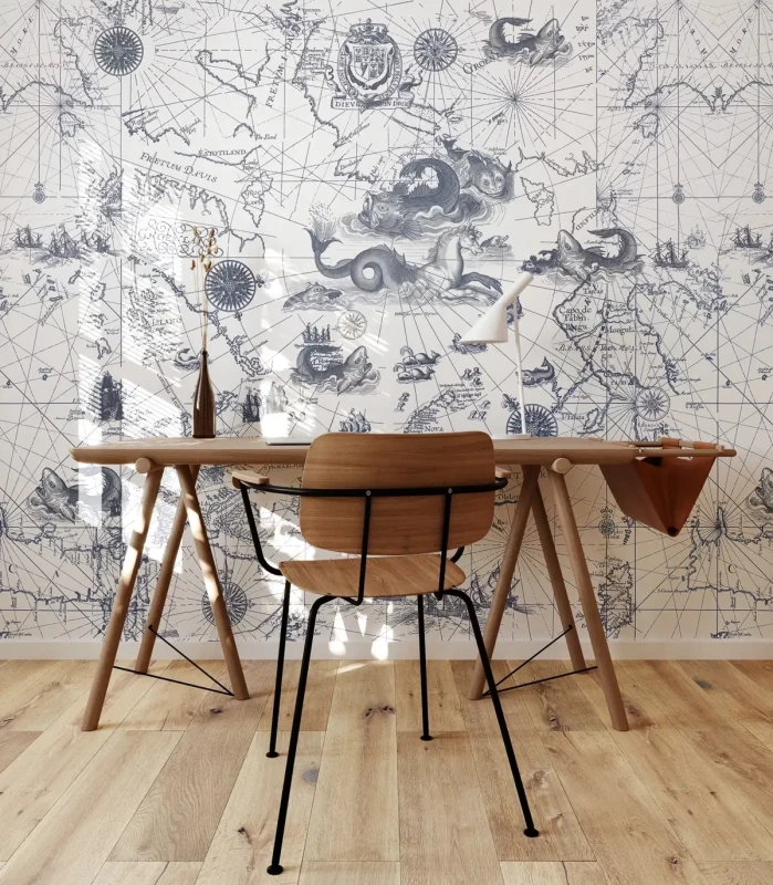 Drewniane biurko z krzesłem na tle tapety Ocean Map.webp