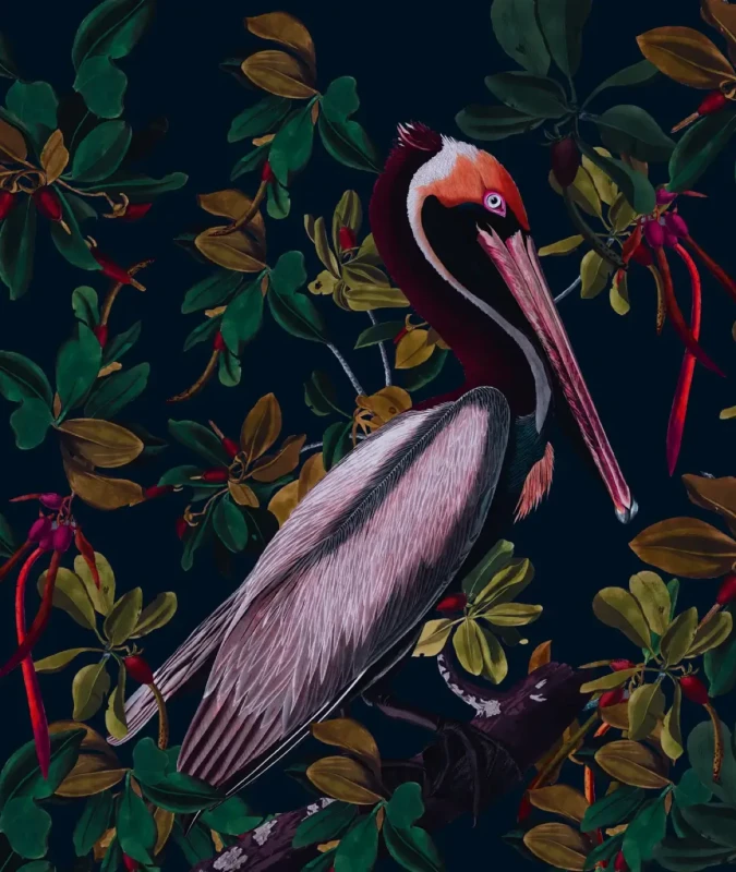 Tapeta z egzotycznym ptakiem Night Pelicans.webp