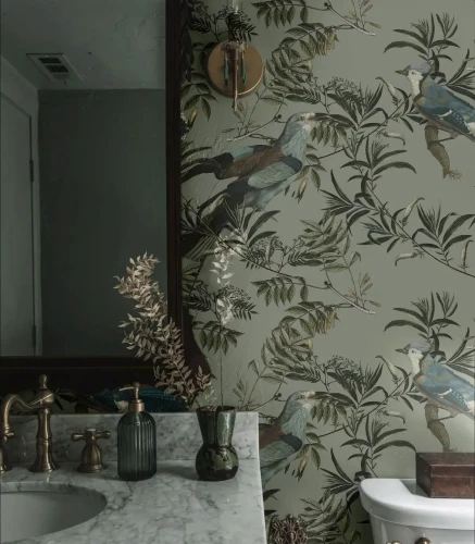 Zielona tapeta w łazience Birds in Garden.webp