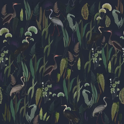 Granatowa tapeta botaniczna Calm Heron Navy.webp