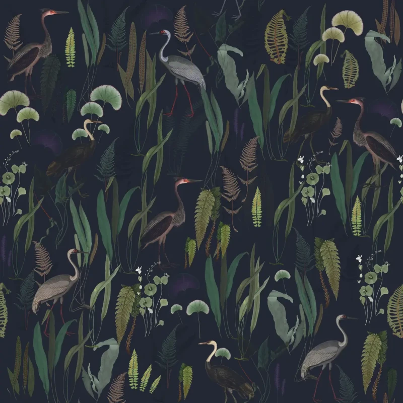 Granatowa tapeta botaniczna Calm Heron Navy.webp