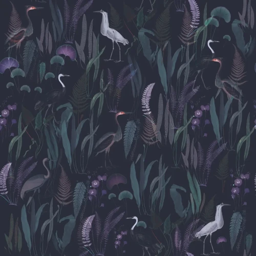 Fioletowa tapeta z czaplami Calm Heron Purple.webp