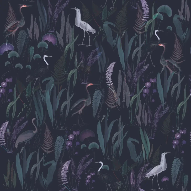 Fioletowa tapeta z czaplami Calm Heron Purple.webp