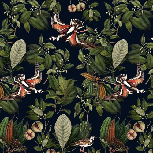 Tapeta botaniczna na ciemnym tle Orange Bird.webp