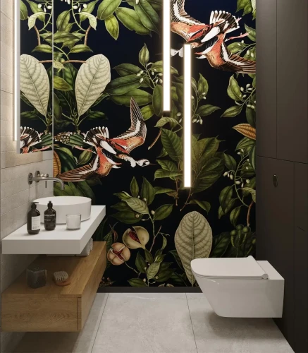 Tapeta do łazienki liście tropikalne Orange Bird.webp