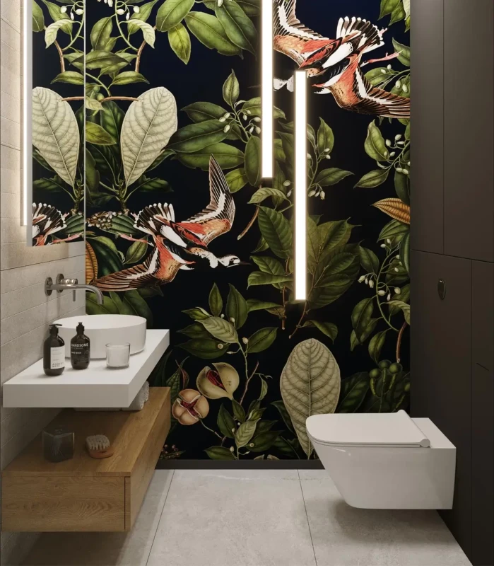 Tapeta do łazienki liście tropikalne Orange Bird.webp