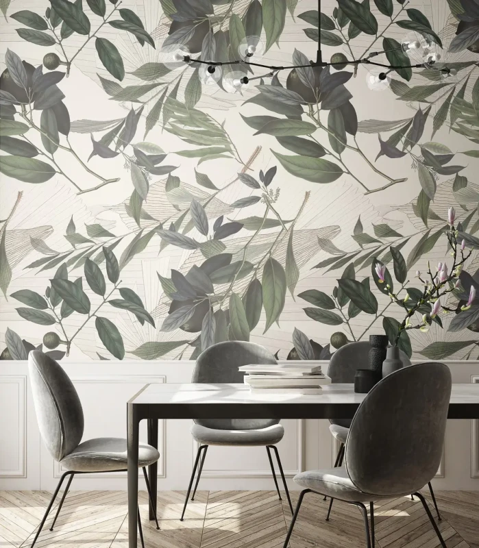 Stół z krzesłami na tle tapety Olive Branch White.webp