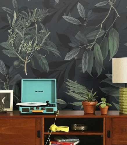 Szafka z gramofonem na tle tapety Olive Branch Green.webp