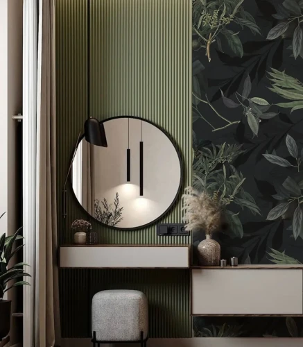 Toaletka z lustrem na tle tapety Olive Branch Green.webp