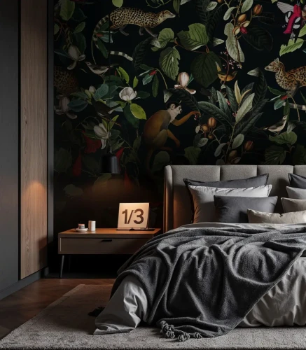 Łóżko w sypialni z tapetą The Jungle Book Black.webp