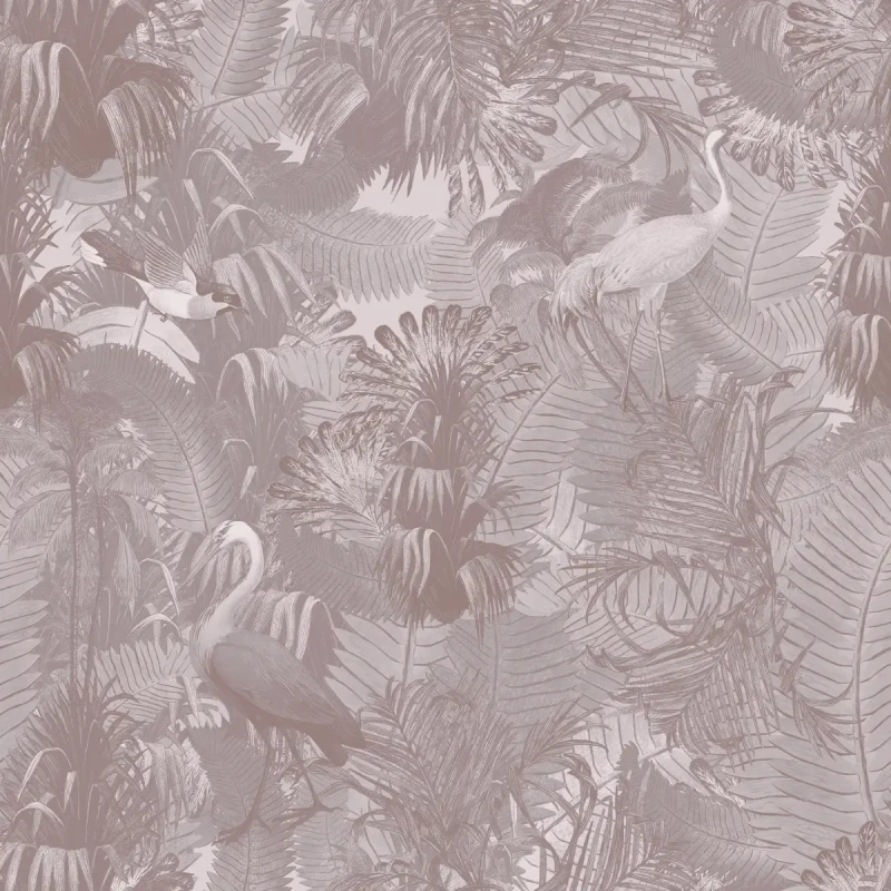 Tapeta z roślinami egzotycznymi i ptakami Desert Tropics Pink.webp