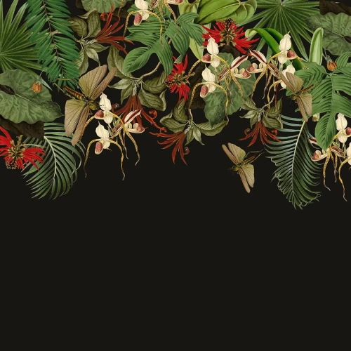 Mural w stylu tropikalnym z czarnym tłem Tropical Composition.webp