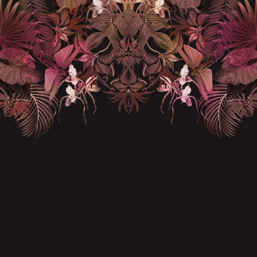 Tapeta z ciemnym tłem i wzorem roślinnym w górnej częśąci Tropical Composition Pink .webp