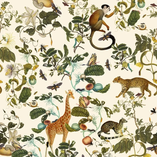 Tapeta z dzikimi zwierzętami i roślinami Funny Jungle.webp