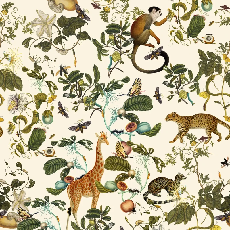 Tapeta z dzikimi zwierzętami i roślinami Funny Jungle.webp