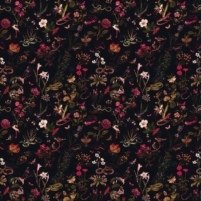 Tapeta z kwiatami i zwierzętami Mysterious Garden.webp