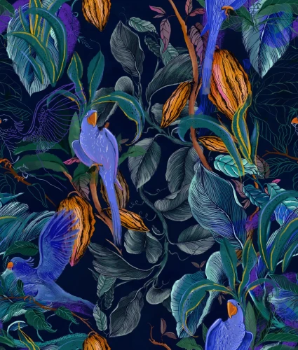 Tapeta z papugami na granatowym tle Blue Parrots.webp