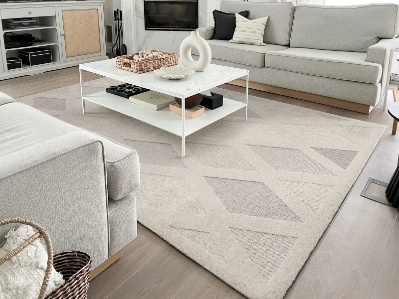 Dywan wełniany Agnella Noble Elois kolor szary w salonie na tle szarych mebli