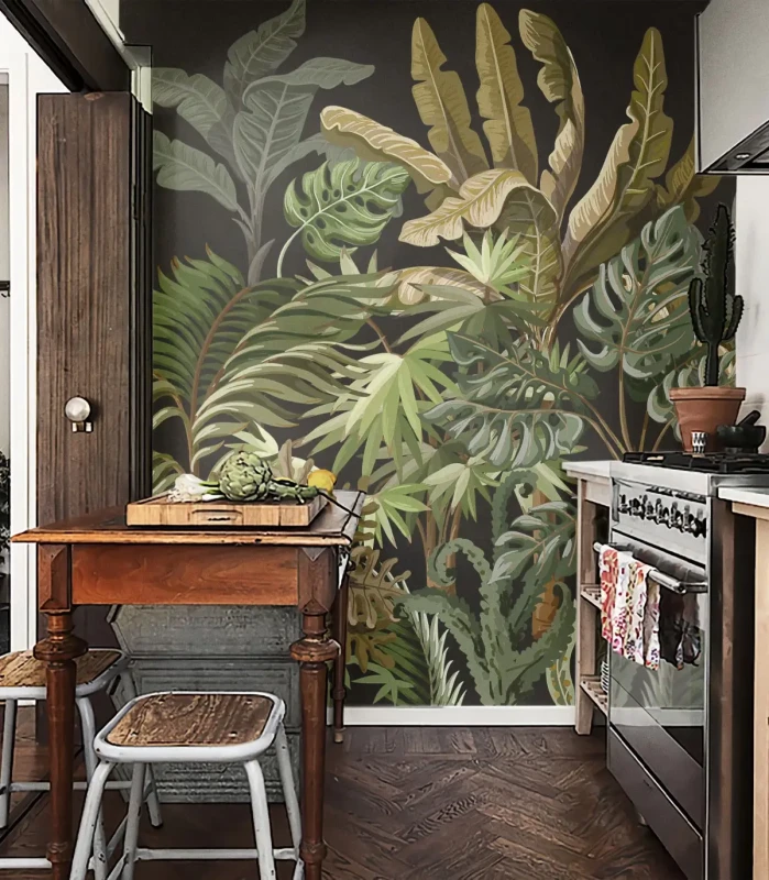 Mural z dżunglą Jungle Black na ścianie w kuchni obok stolika i kuchenki