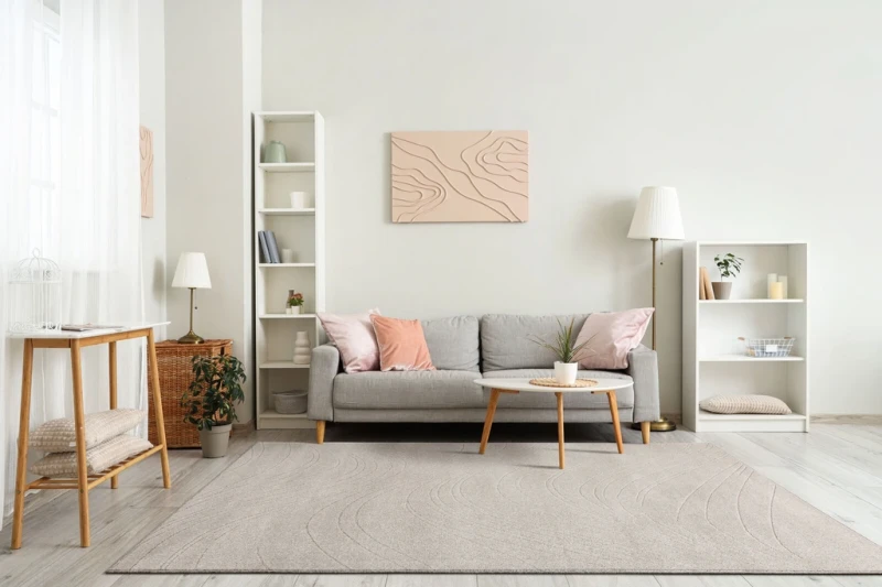Aranżacja w salonie dywanu nowoczesnego 3D FD Lori Wave perła