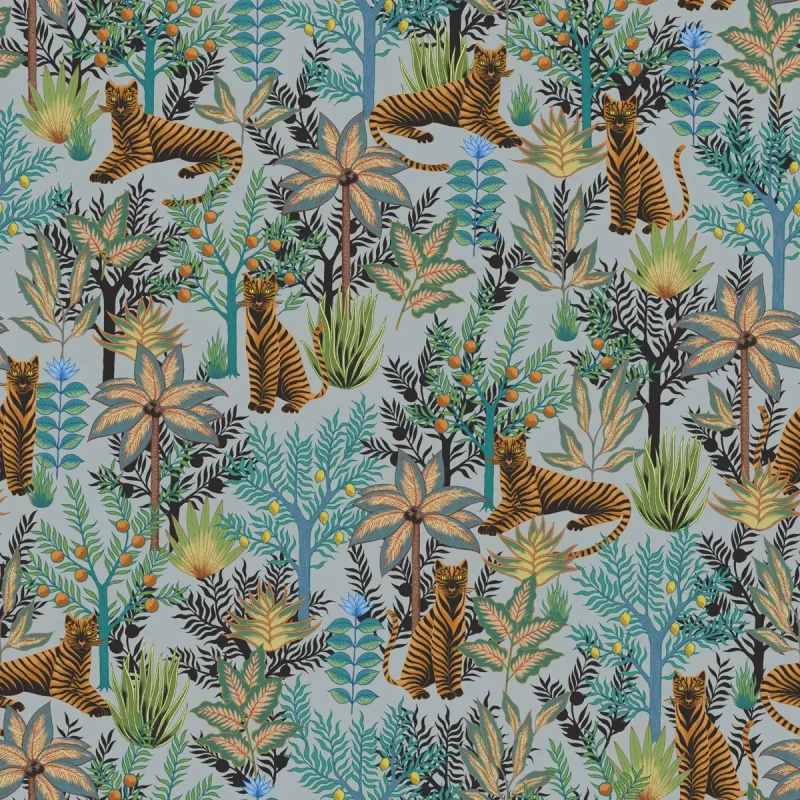 Tapeta dżungla Gold Tigers Light Blue.webp
