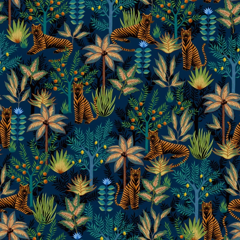 Granatowa tapeta z tygrysami Gold Tigers.webp