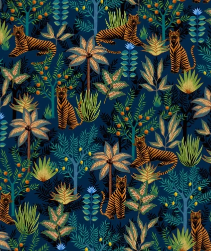 Granatowa tapeta dżunglą Gold Tigers.webp