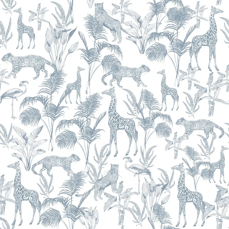 Tapeta dla dzieci z dzikimi zwierzętami Safari Blue.webp