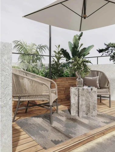 Dywan zewnętrzny Kemet romby szaro-beżowy na tarasie