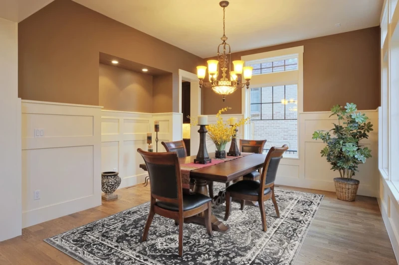 Aranżacja jadalni z dywanem vintage FD Sensi Diki popiel