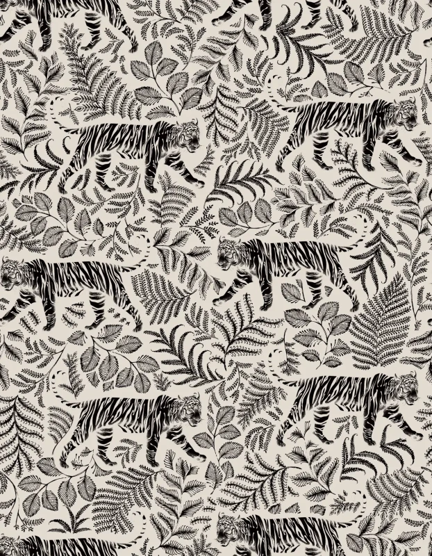 Tapeta w kontrastowych kolorach z tygrysami i paprociami Camouflaged Tiger White.webp