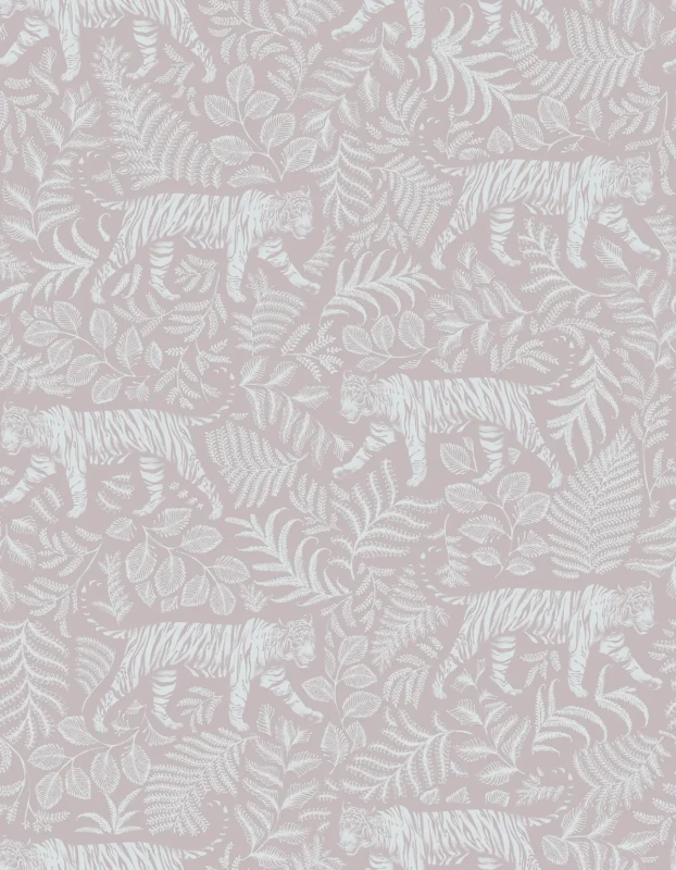 Egzotyczna tapeta w pudrowym różu z tygrysami