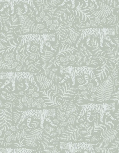 Tapeta zielona z tygrysami i paprociami Camouflaged Tiger Light Green.webp