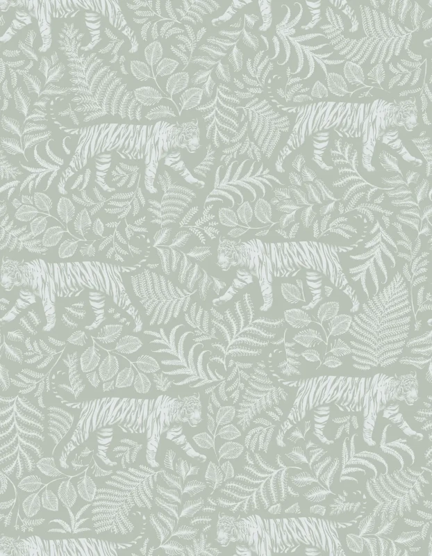 Tapeta zielona z tygrysami i paprociami Camouflaged Tiger Light Green.webp