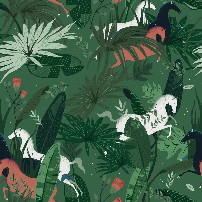 Tapeta zielona w konie i liście Dream Horses Green.webp