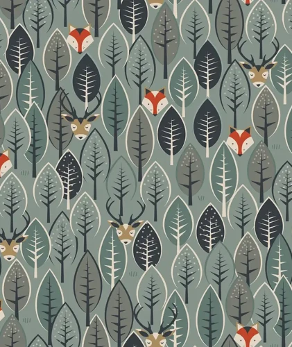 Tapeta leśna jelenie i lisy Hidden Deers.webp