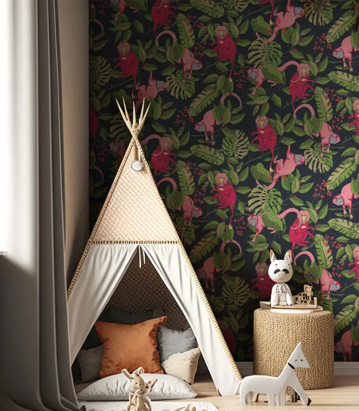 Wzorzysta tapeta Pink Monkey w pokoju dziecięcym z tipi .webp
