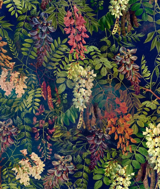 Ciemna tapeta z kwiatami Acacia Dark Blue.webp