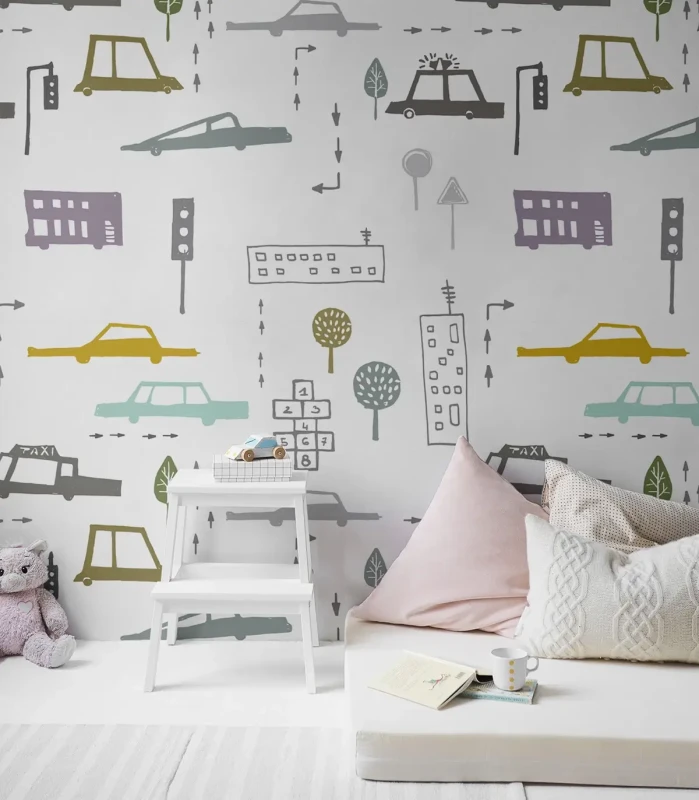 Tapeta auta Cars White w pokoju dziecięcym.webp