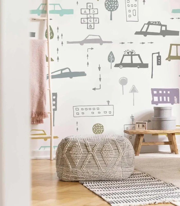 Tapeta Cars White w pokoju dziecięcym.webp