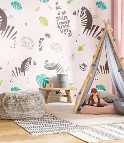 Tapeta dziecięca Zebra na białym tle w pokoju dziecięcym z tipi.webp