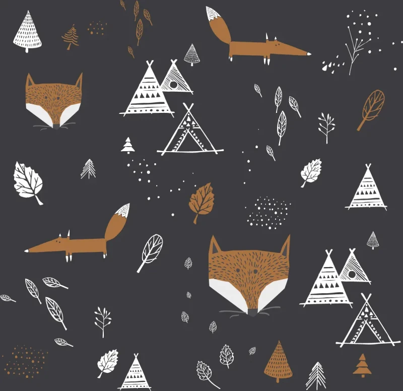 Czarna tapeta dla dzieci z liskami i tipi Fox Adventure Black.webp