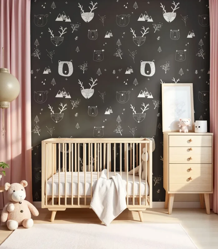 Tapeta dziecięca czarno biała z misiami Teddy Bears Black w pokoju niemowlaka.webp