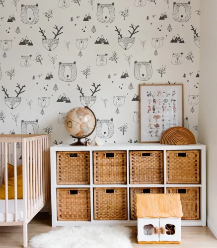 Pokój niemowlaka z tapetą Teddy Bears White.webp