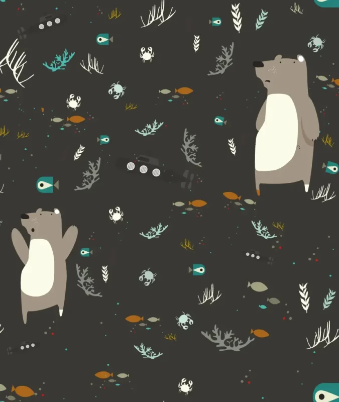 Ciemna tapeta dziecięca z motywem morskim Underwater Bear Black.webp